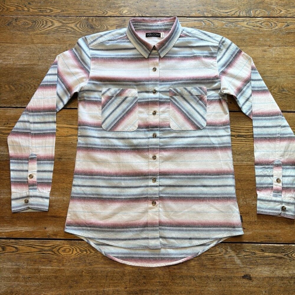 Volcom Long Sleeve Shirt Womens Aztec Blue Pink Small Long Nites LS Woven Cotton